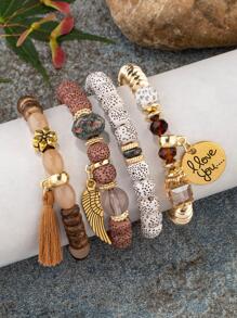 4 Stücke/Set Perlenarmband mit Quaste, & Flügel Anhänger,