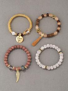 4 Stücke/Set Perlenarmband mit Quaste, & Flügel Anhänger,