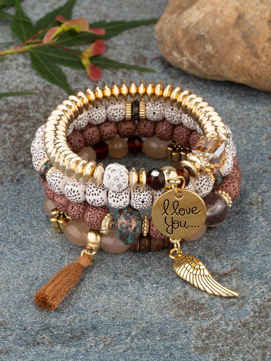 4 Stücke/Set Perlenarmband mit Quaste, & Flügel Anhänger,