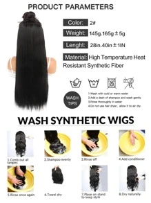 28/40 英寸合成超長假髮 5 夾式接發耐熱長直黑色假髮女式天然黑色 - 黑色 - 查看 6