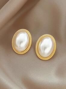 1 đôi Pháp Vintage Đơn giản Hình trái xoan Ngọc trai Giả Bông tai stud - trắng - Xem 2