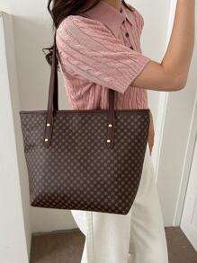 Geometric Pattern Shoulder Tote Bag PU Elegant - Brown - View 1