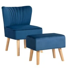 COSTWAY Leisure Chair And Ottoman Thick Padded Velvet Tufted Sofa Set W/ Wood Legs - 藍色 - 查看 2