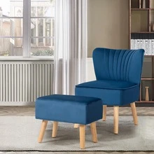 COSTWAY Leisure Chair And Ottoman Thick Padded Velvet Tufted Sofa Set W/ Wood Legs - 藍色 - 查看 4