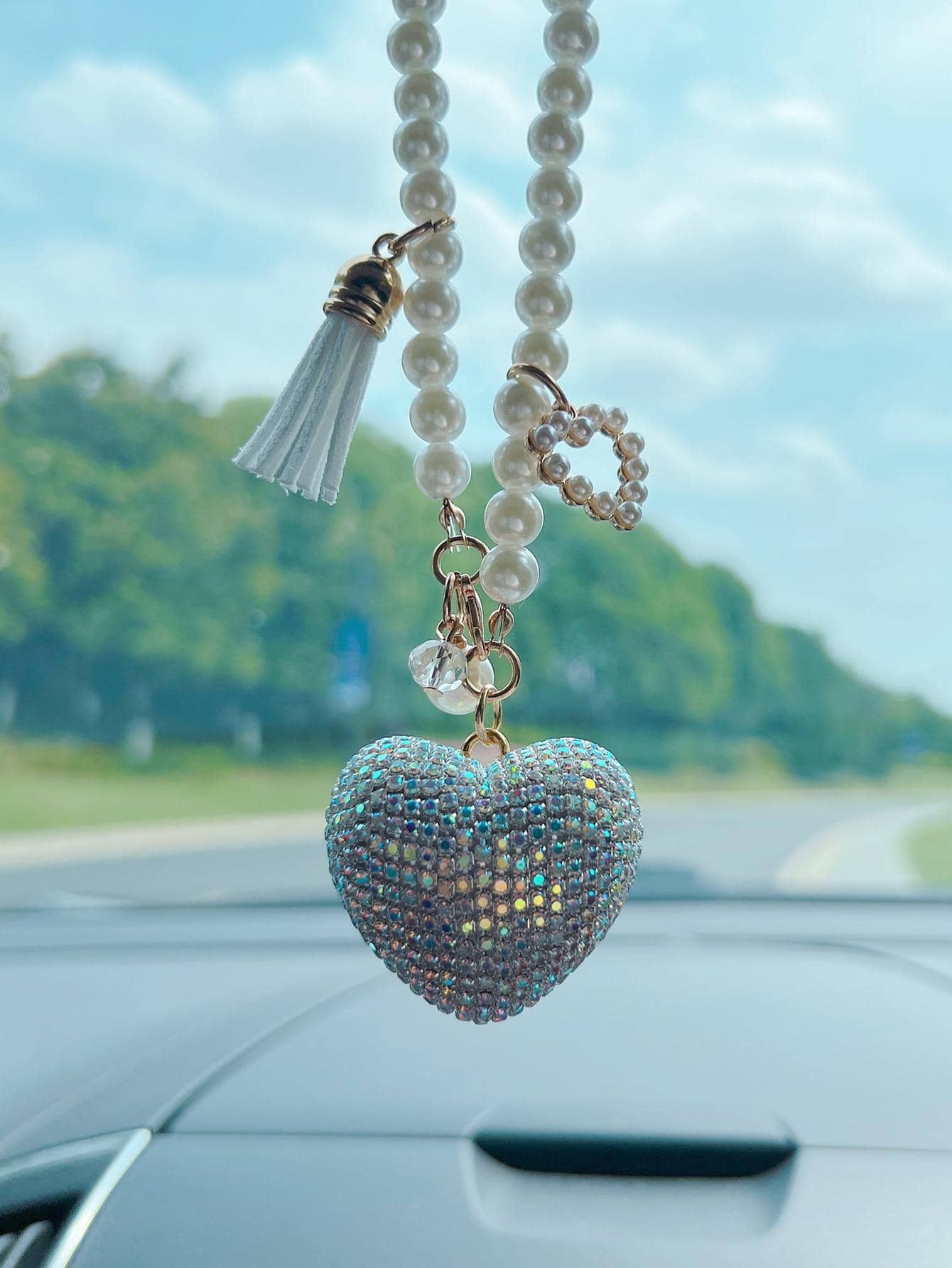 1 pieza Adorno colgante de coche con diamante de imitación con diseño de corazón - Blanco - Ver 1