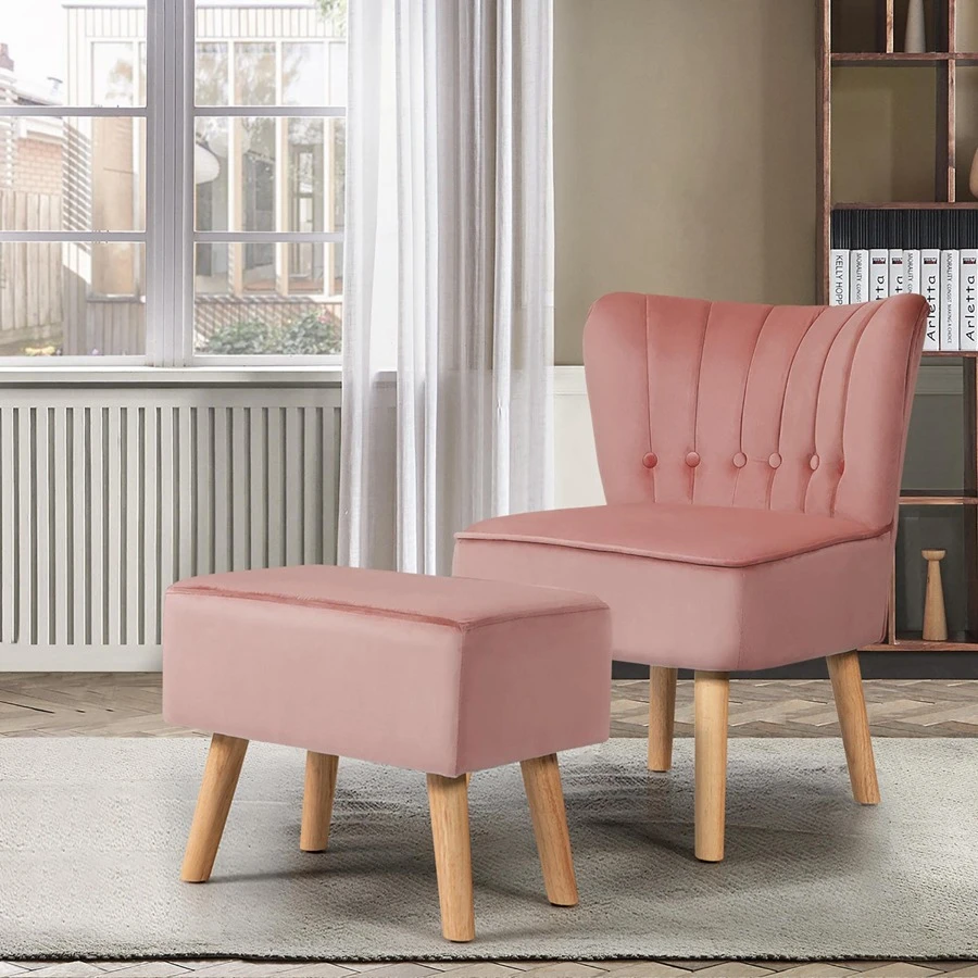 COSTWAY Leisure Chair And Ottoman Thick Padded Button Tufted Sofa Set W/ Wood Legs - Pink - View 1