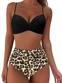 豹紋印花扭結提臀高腰比基尼泳裝 - 咖啡棕 - 查看 1