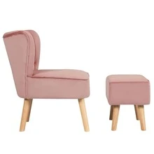 COSTWAY Leisure Chair And Ottoman Thick Padded Button Tufted Sofa Set W/ Wood Legs - Pink - View 8