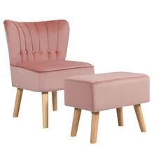 COSTWAY Leisure Chair And Ottoman Thick Padded Button Tufted Sofa Set W/ Wood Legs - Pink - View 2