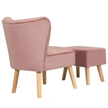 COSTWAY Leisure Chair And Ottoman Thick Padded Button Tufted Sofa Set W/ Wood Legs - Pink - View 9