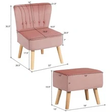 COSTWAY Leisure Chair And Ottoman Thick Padded Button Tufted Sofa Set W/ Wood Legs - Pink - View 3