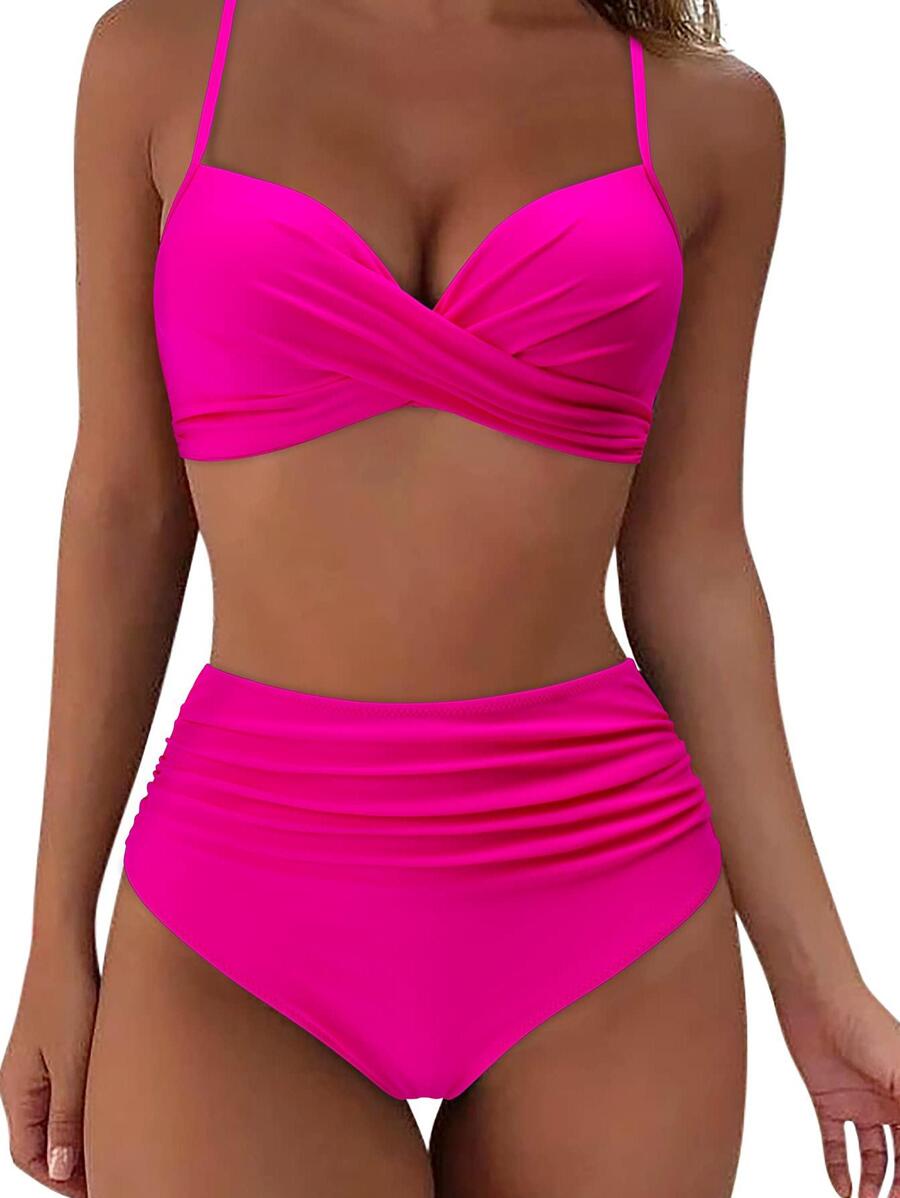 新款歐美性感三點交叉吊帶比基尼文胸高腰褶皺三角褲女 - 玫紅色 - 查看 1