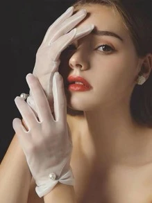 Găng tay cô dâu đính ngọc trai giả, trang phục mùa thu cho nữ - trắng - Xem 1