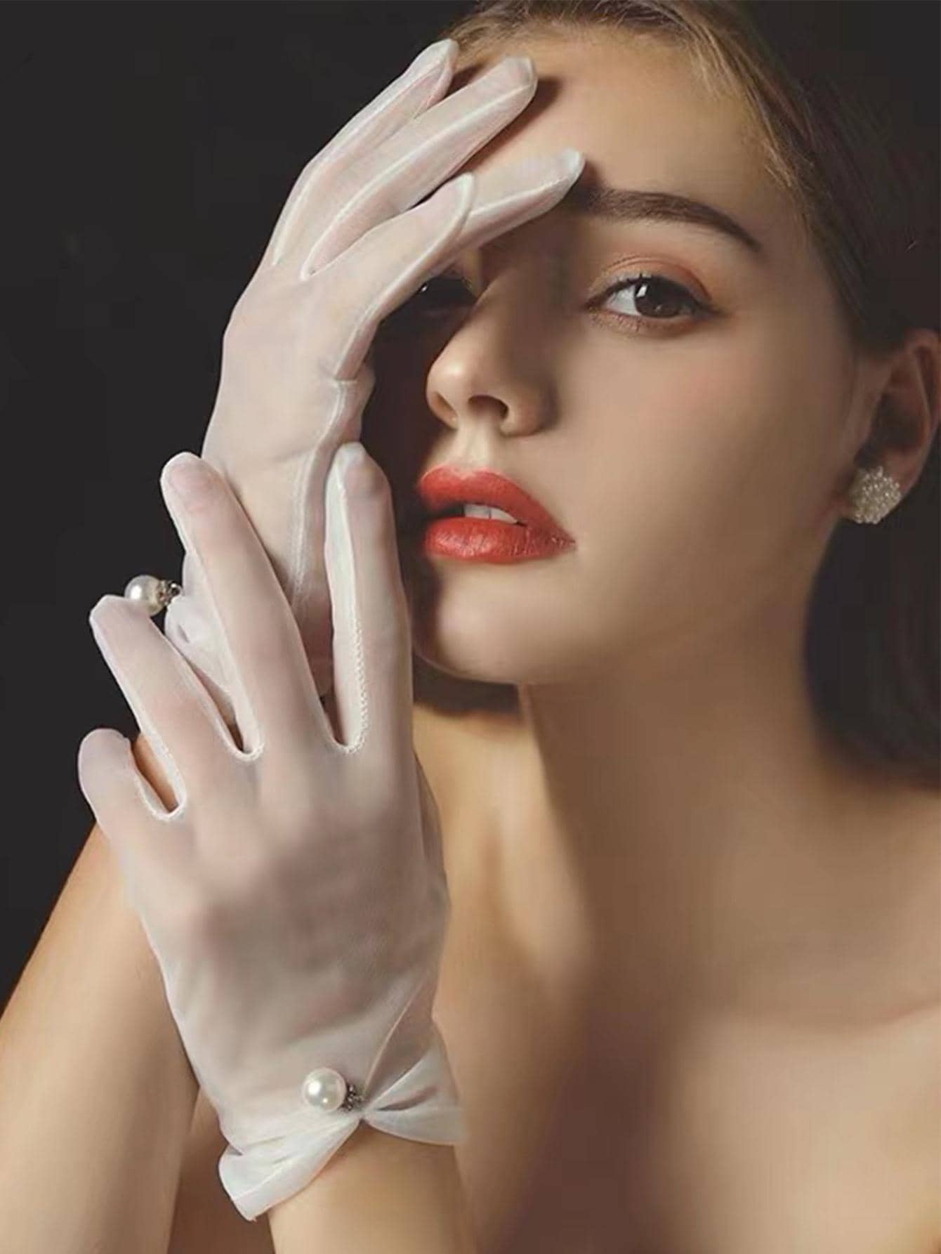 Găng tay cô dâu đính ngọc trai giả, trang phục mùa thu cho nữ - trắng - Xem 1