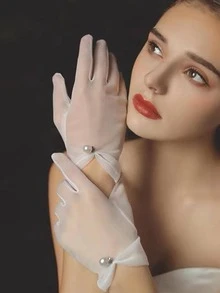 Găng tay cô dâu đính ngọc trai giả, trang phục mùa thu cho nữ - trắng - Xem 2