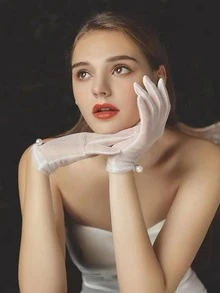 Găng tay cô dâu đính ngọc trai giả, trang phục mùa thu cho nữ - trắng - Xem 3