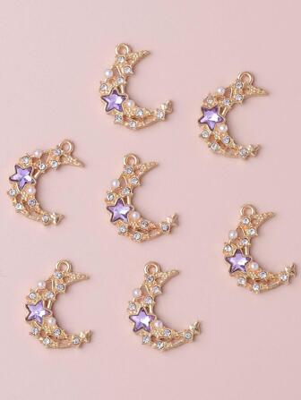 10pcs/set Creative Zinc Alloy Cubic Zirconia & Star Decor Moon DIY Pendant For Women For DIY Jewelry Making