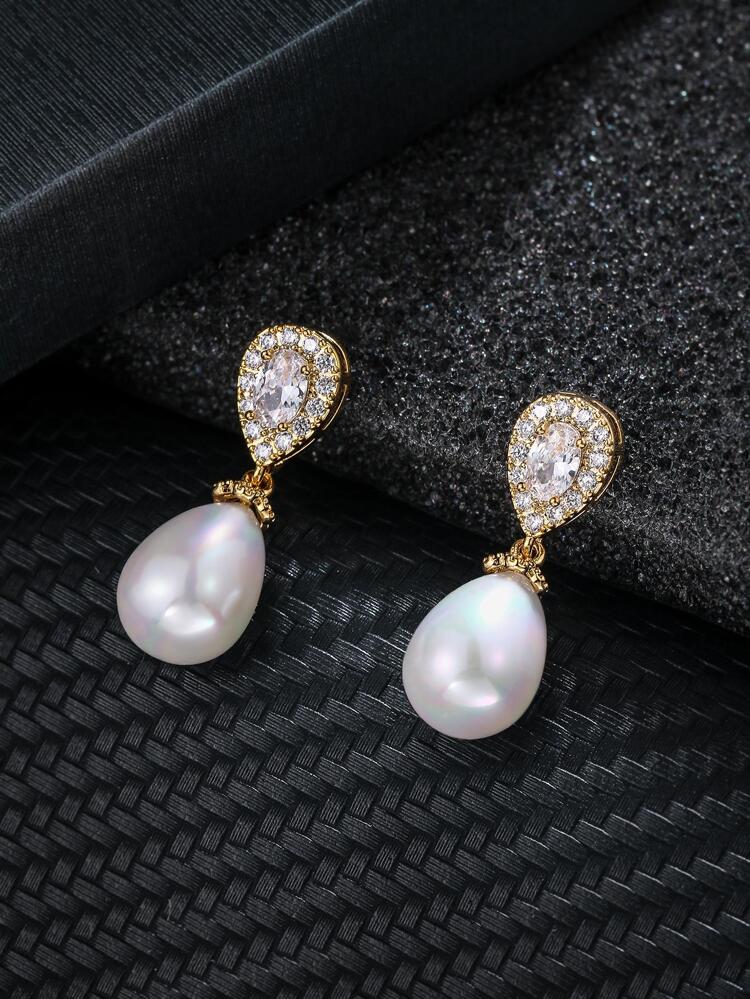 1pair Glamorous Faux Pearl Cubic Zirconia Water Drop Earrings For Women For Daily Decoration