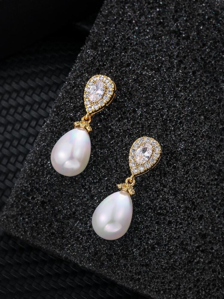 1pair Glamorous Faux Pearl Cubic Zirconia Water Drop Earrings For Women For Daily Decoration