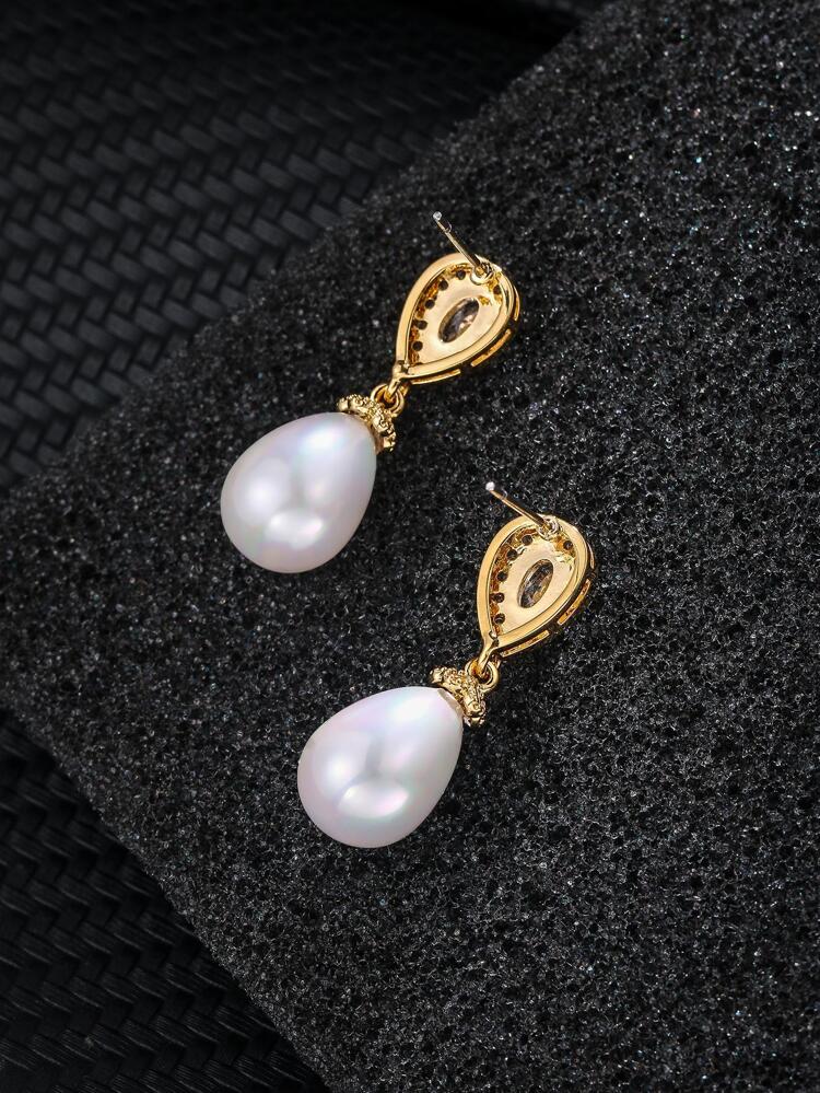 1pair Glamorous Faux Pearl Cubic Zirconia Water Drop Earrings For Women For Daily Decoration