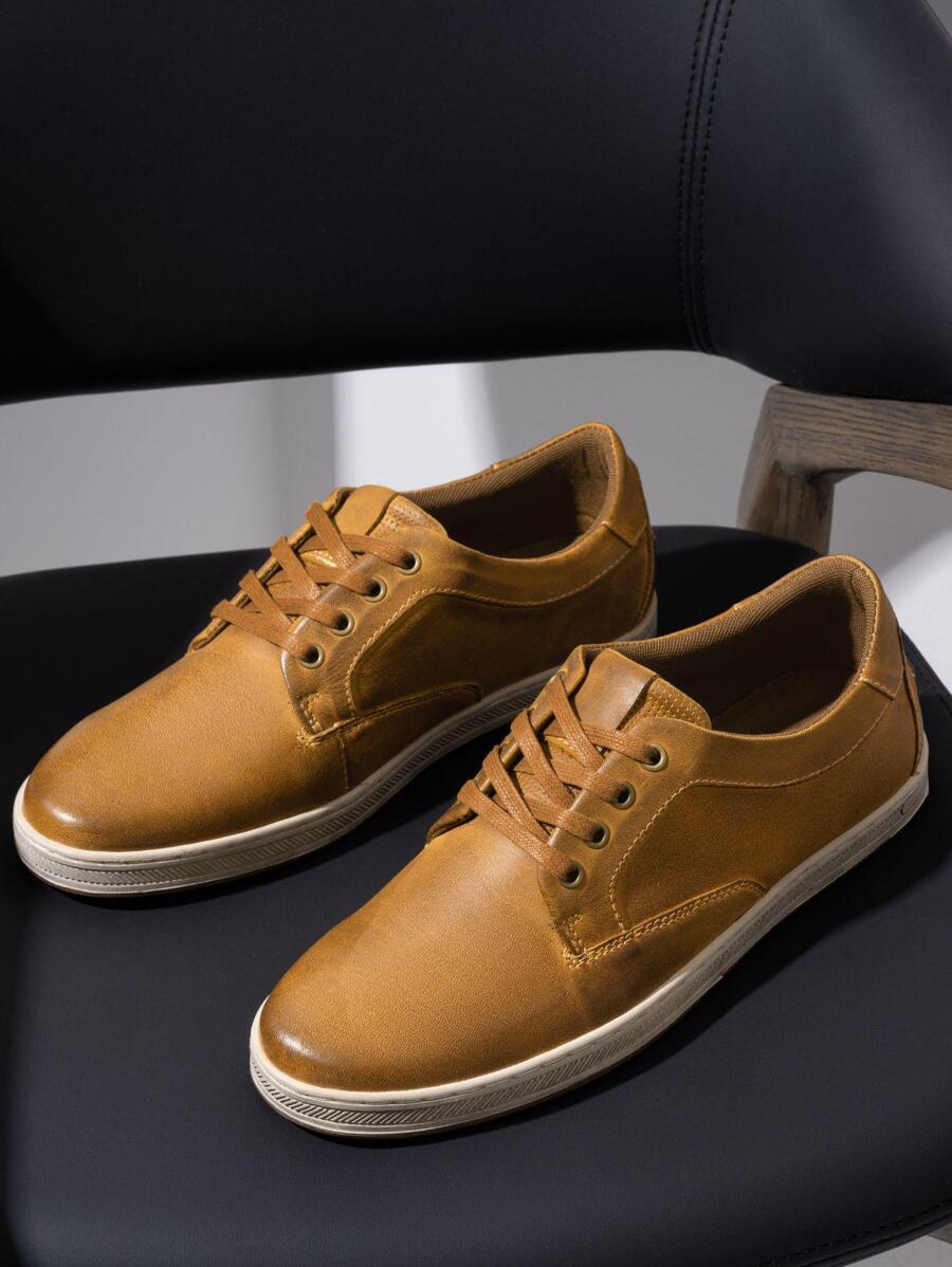 SHOESMALL Men's Leather Fashion Sneakers Retro Casual Shoes Breathable Dress Sneakers - màu nâu - Xem 1