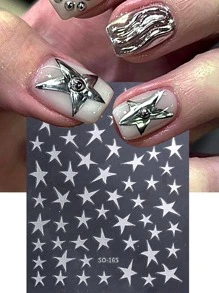 FULL BEAUTY 2 piezas Calcomanías decorativas de uñas en forma de estrella asimétrica de color plateado metálico, DIY