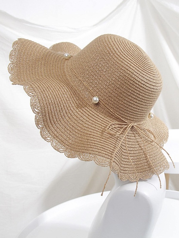 Women's Summer Wave Brim Straw Hat With Pearl & Bowknot Detail, Foldable Sun Hat For Travel, Beach And Sun Protection
