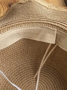 女士夏天波浪邊緣草編帽帶珍珠和蝴蝶結細節,可折疊太陽帽適合旅行,海灘和防曬 - 卡其色 - 查看 2