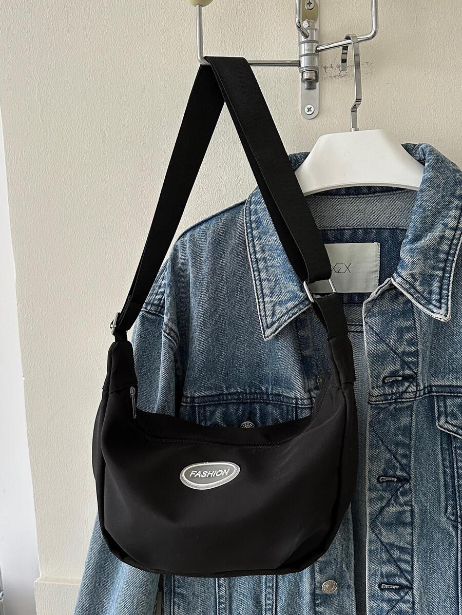 素色新設計女士尼龍肩膀斜挎包簡約風和輕便韓語風格包 - 黑色 - 查看 1