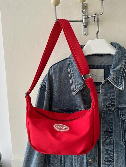 字母補丁細節流浪包紅色的尼龍休閒