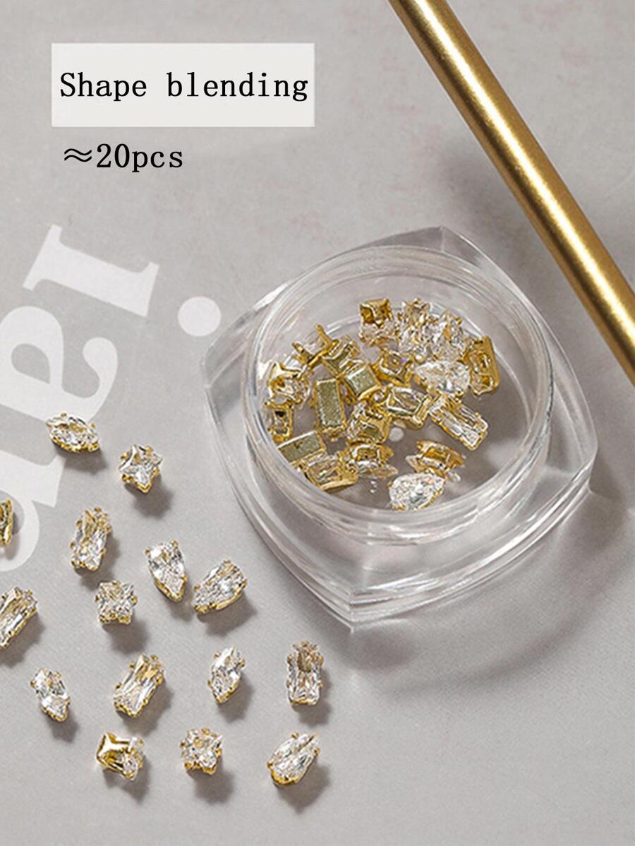 20入金色日系極簡美甲水鑽貼片，奢華混款造型立方鋯石美甲裝飾，百搭Y2K金屬質感DIY美甲飾品，水鑽假指甲裝飾配件美甲吊飾 - 金色 - 查看 1
