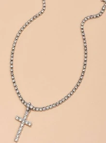 1 chiếc vòng cổ chữ thập bằng đá rhinestone - Bạc - Xem 2