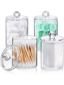 Holder Dispenser For Swab,  Round Pads, Floss Picks - 10 Oz Clear Plastic Apothecary Jar Set For Bathroom Canister Storage Organization, Vanity Makeup Organizer - Clear - View 1