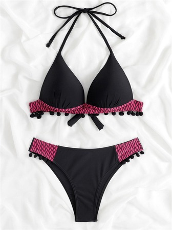 Graphic Print Trim Push Up Athletic Bikini Summer