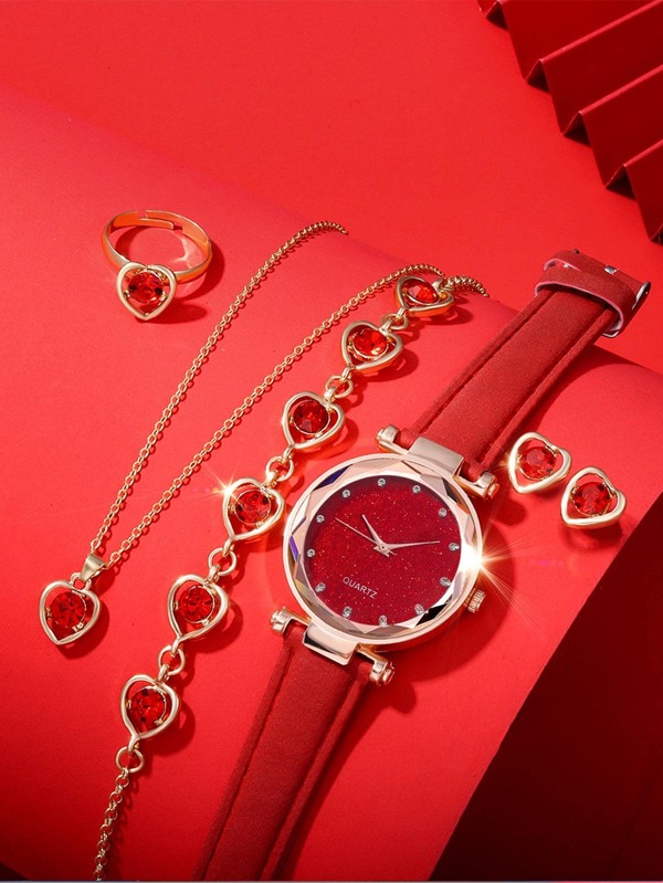 مجموعة مجوهرات مكونة من 6 قطع تشمل ساعة كوارتز من الجلد للنساء ذات إبرة مستديرة مرصعة بالراين رينستون بتصميم بسيط وجذاب، وخاتم كريستال بوهيمي، وأقراط، وقلادة، وسوار، كهدية مميزة للطلاب العائدين إلى المدرسة والأم والعائلة والأصدقاء والحبيبة