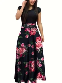 Women's Plus Size Dress Short Sleeve Floral Print Dress - Pink - View 1