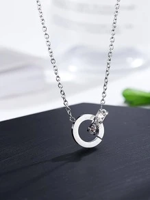 雙圈設計鑽石吊墜項鍊 - 銀色 - 查看 2