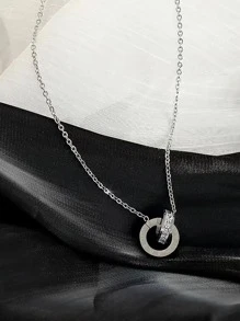 雙圈設計鑽石吊墜項鍊 - 銀色 - 查看 3