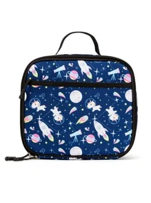 蓝色卡通图案休闲旅行午餐袋学校午餐盒午餐容器保温午餐袋返校午餐套装学校用品午餐盒袋家庭必需品返校用品 - 藍色 - 查看 3