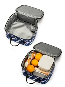 蓝色卡通图案休闲旅行午餐袋学校午餐盒午餐容器保温午餐袋返校午餐套装学校用品午餐盒袋家庭必需品返校用品 - 藍色 - 查看 4