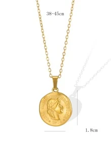 1 件不锈钢不对称人物肖像硬币项链，Ins 风格复古简约锁骨链女式 - 金黃色 - 查看 5
