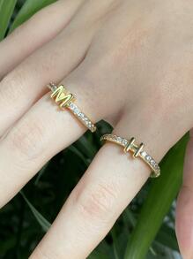 Anillo abierto con diamante de imitación & con diseño de letra - Amarillo Oro - Ver 2