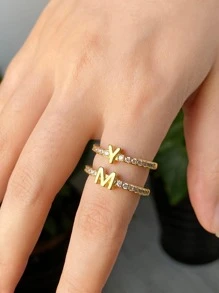 Anillo abierto con diamante de imitación & con diseño de letra - Amarillo Oro - Ver 1