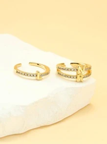 Anillo abierto con diamante de imitación & con diseño de letra - Amarillo Oro - Ver 7