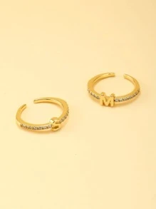 Anillo abierto con diamante de imitación & con diseño de letra - Amarillo Oro - Ver 5