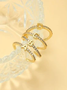 Anillo abierto con diamante de imitación & con diseño de letra - Amarillo Oro - Ver 4
