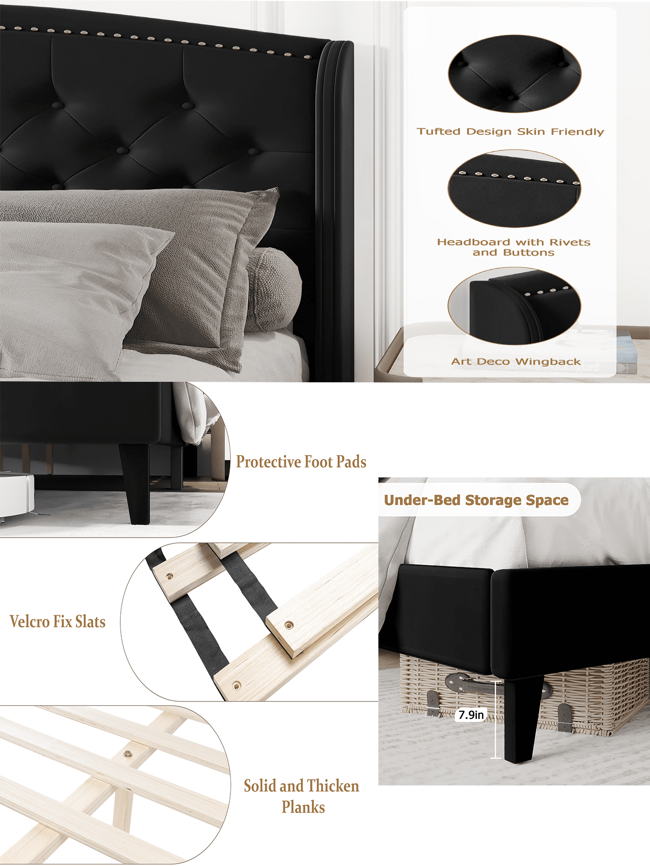 Bed Frame, King Size Upholstered Platform Bed with Wingback Headboard, Heavy Duty Button Tufted