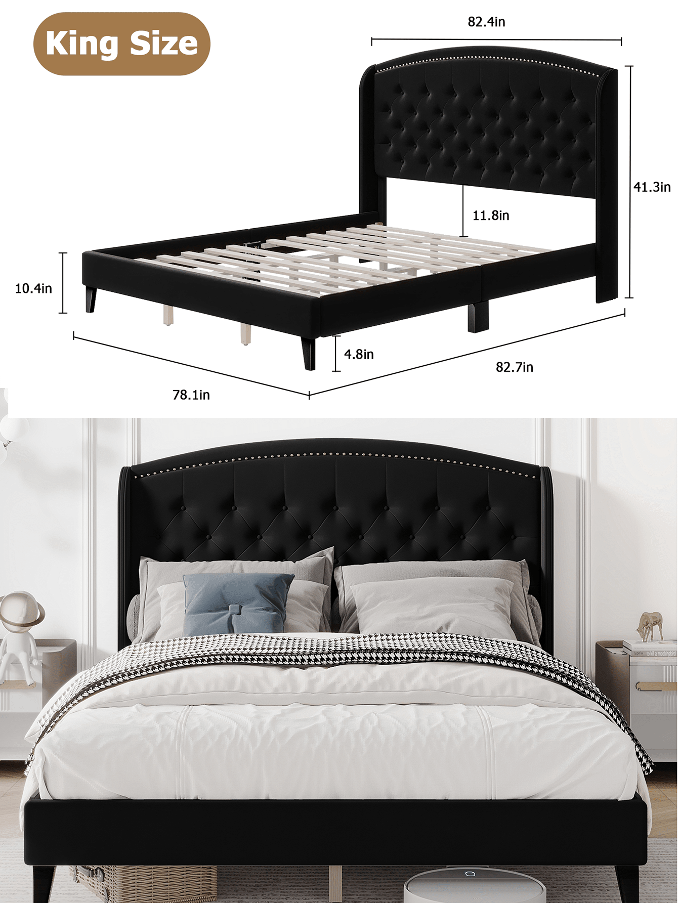 Bed Frame, King Size Upholstered Platform Bed with Wingback Headboard, Heavy Duty Button Tufted