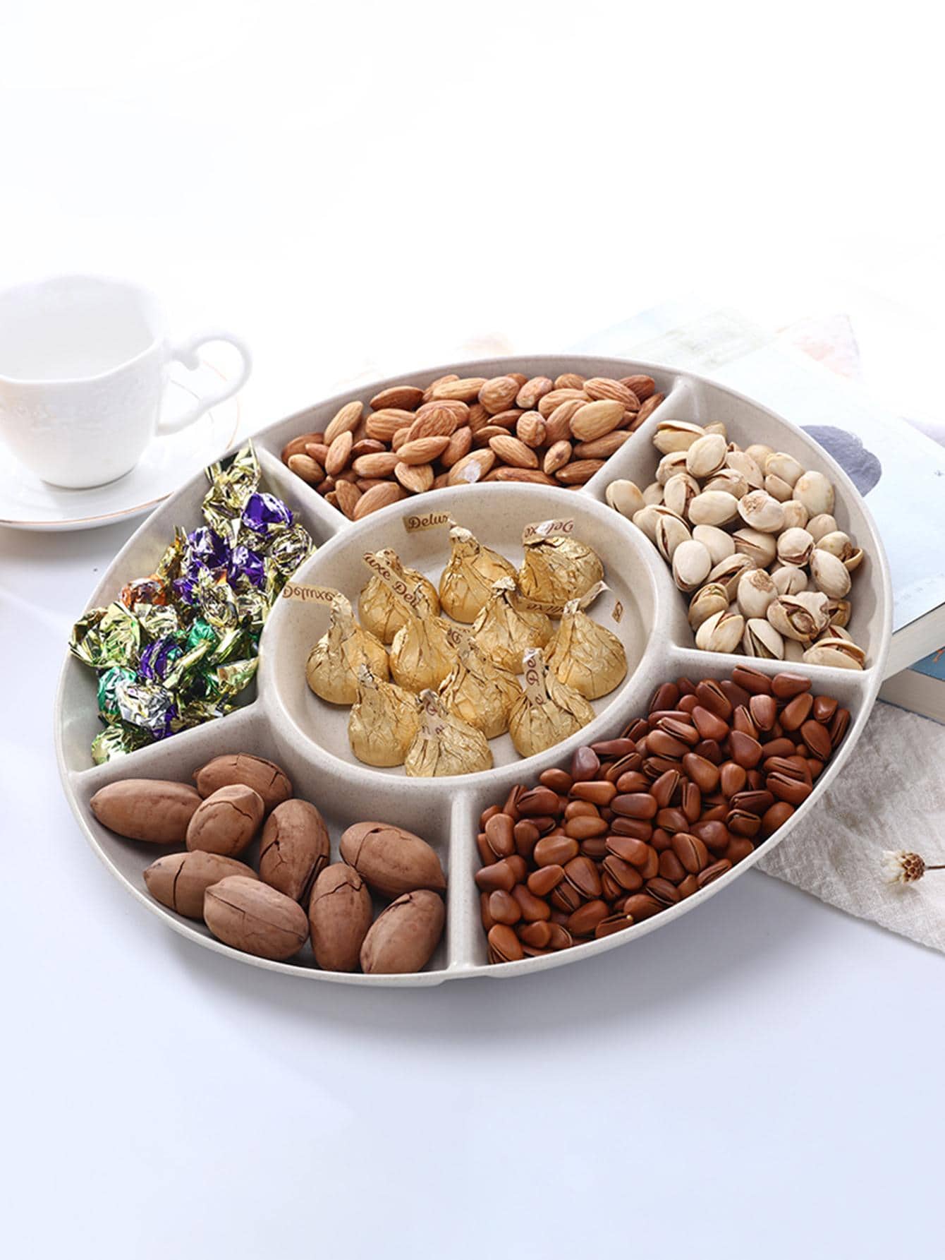 1pc Apricot-Colored Wheat Straw Dry Fruit Tray, Creative Watermelon & Seeds & Snacks Storage Plate - Apricot - View 1