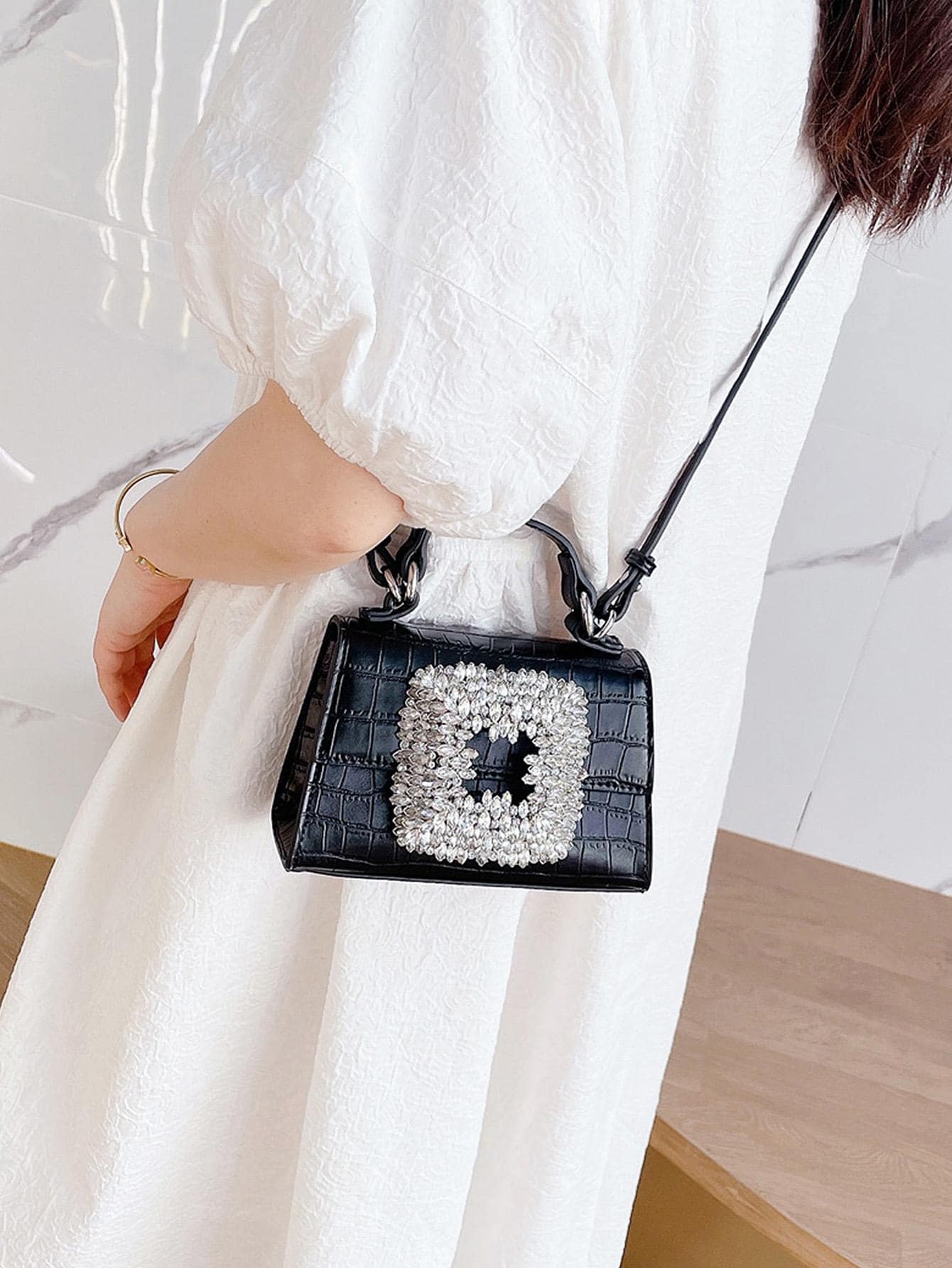 Lightweight, Portable Casual, Fashion Crocodile Embossed Rhinestone Decor Satchel Bag For Girls, Women, College Students, Rookies & White-collar Workers For Autumn & Winter, Warm Winter, For Fall, Winter Essential, For Work, Office, Commute, College - Multicolor - View 1